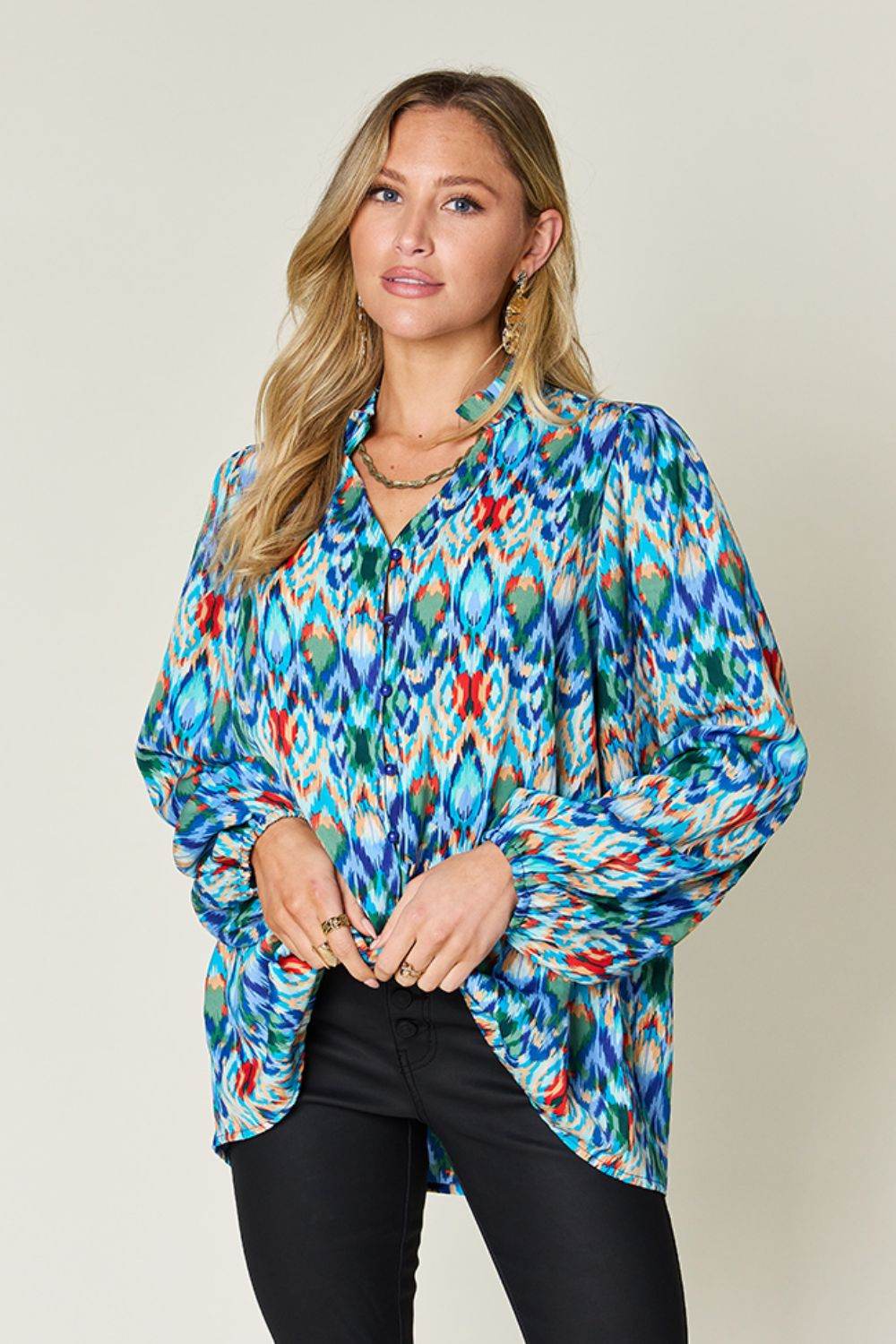 Double Take Full Size Printed Balloon Sleeve Blouse - Hovatok