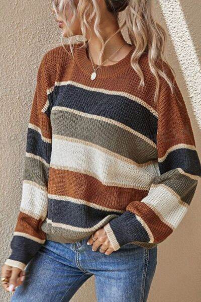Contrast Striped Round Neck Long Sleeve Sweater - Hovatok