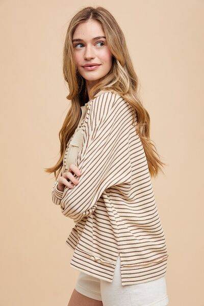 Annie Wear Striped Button Detail Long Sleeve Polo Top - Hovatok