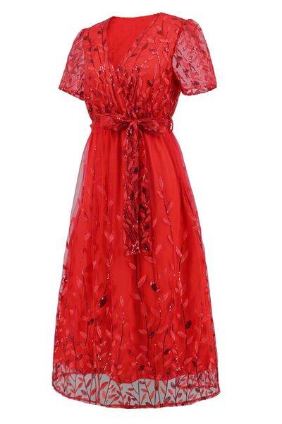 Sequin Leaf Embroidery Tie Front Short Sleeve Dress - Hovatok