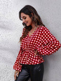 Plaid V-Neck Balloon Sleeve Peplum Blouse - Hovatok