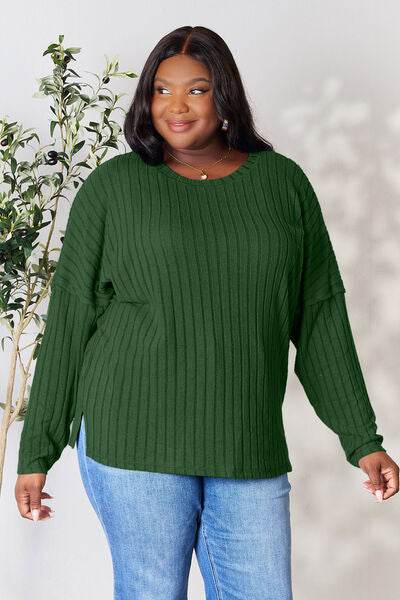 Basic Bae Full Size Ribbed Round Neck Slit Knit Top - Hovatok