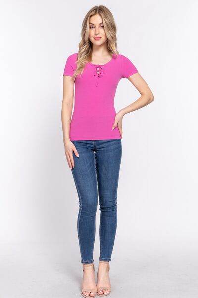 ACTIVE BASIC Lace Up Short Sleeve Rib Knit T-Shirt - Hovatok