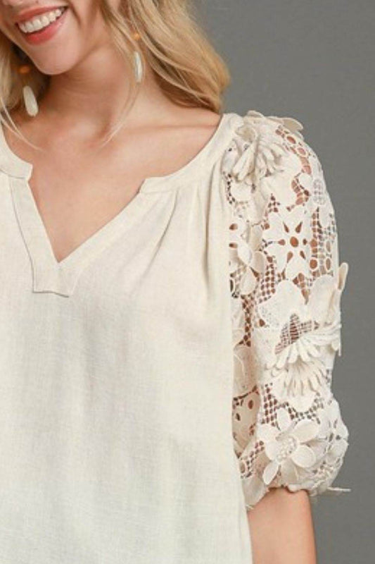 Umgee Full Size French Terry Boxy Cut Top with 3D Floral Sleeve Plus Size - Hovatok
