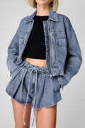 Zip Up Jacket and Drawstring Shorts Denim Set - Hovatok