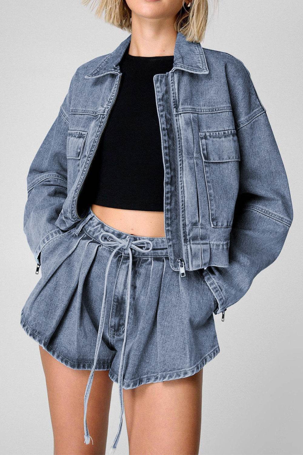 Zip Up Jacket and Drawstring Shorts Denim Set - Hovatok