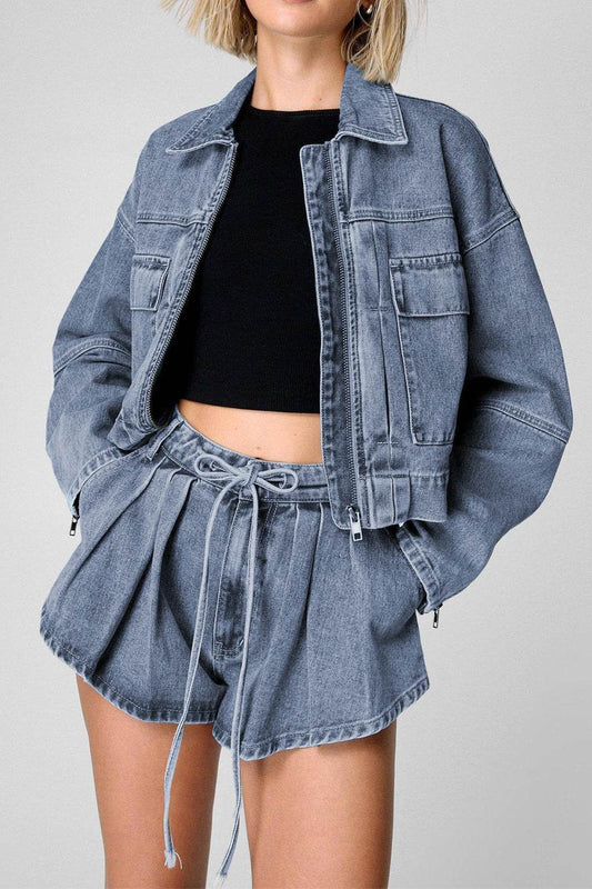 Zip Up Jacket and Drawstring Shorts Denim Set - Hovatok
