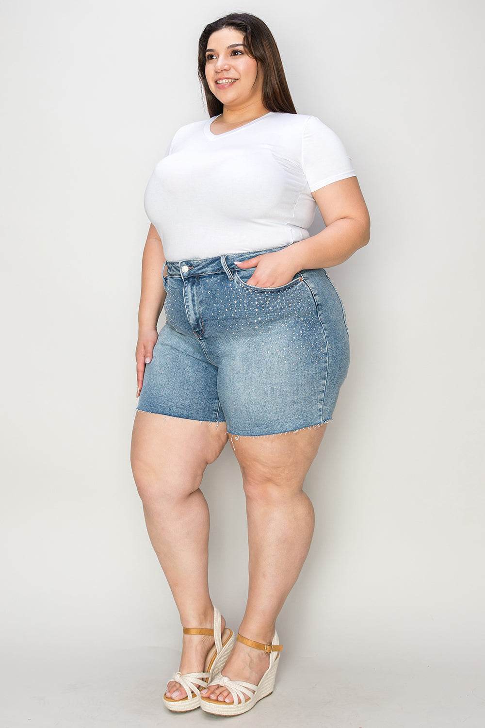 Judy Blue Full Size High Waist Raw Hem Denim Shorts - Hovatok