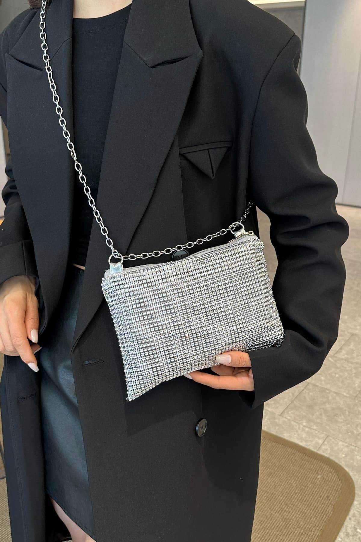 Rhinestone Polyester Chain Crossbody Bag - Hovatok