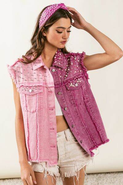 BiBi Pearl & Rhinestone Decor Contrast Raw Hem Vest Coat - Hovatok