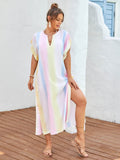Slit Striped Notched Short Sleeve Cover Up - Hovatok
