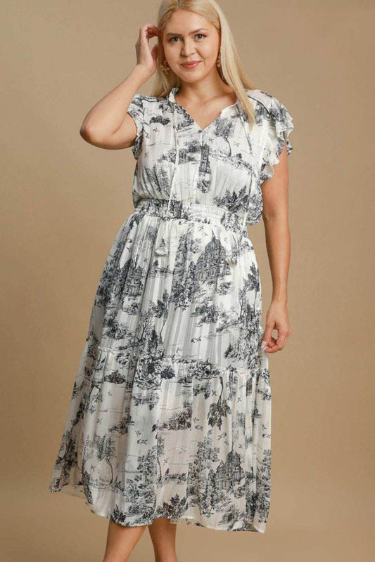 Umgee Full Size Two Tone Landscape Print Midi Dress Plus Size - Hovatok