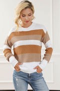 Striped Round Neck Long Sleeve Knit Top - Hovatok