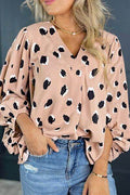 Contrast Animal Print V-Neck Long Sleeve Blouse - Hovatok