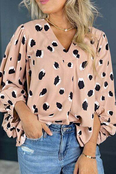 Contrast Animal Print V-Neck Long Sleeve Blouse - Hovatok