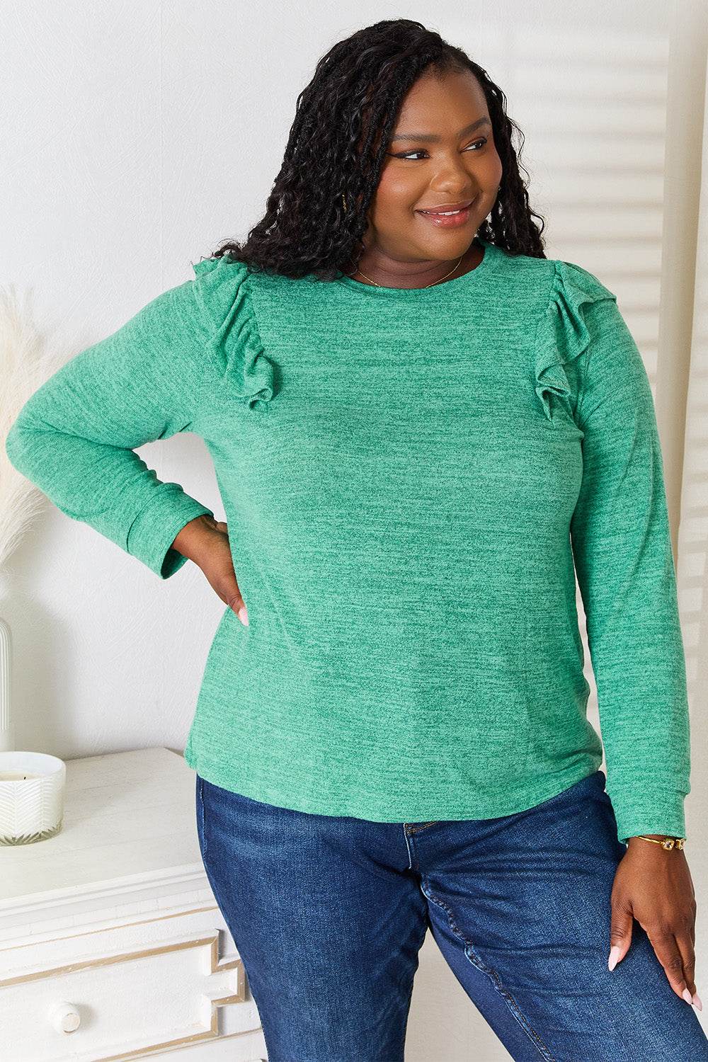 Double Take Ruffle Shoulder Long Sleeve T-Shirt - Hovatok