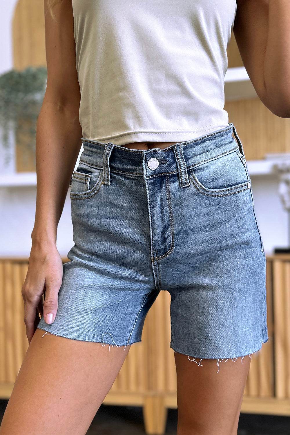 Judy Blue Full Size High Waist Raw Hem Denim Shorts - Hovatok