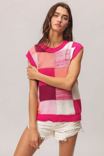 BiBi Color Block Round Neck Sweater Vest - Hovatok