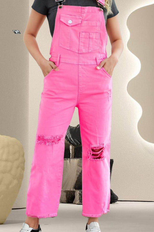 Distressed Pocketed Wide Strap Denim Overalls - Hovatok