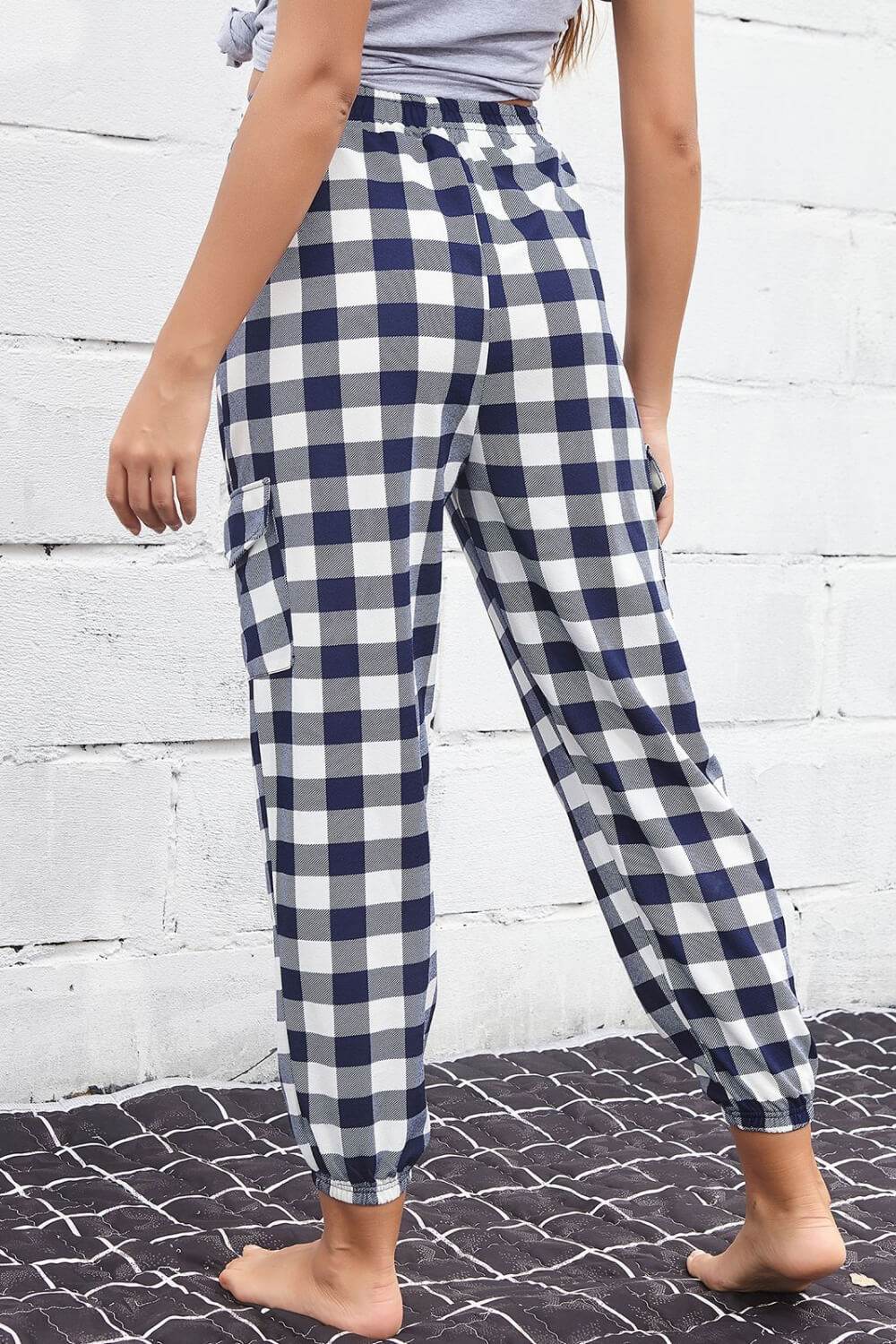 Perfee Plaid Elastic High Waist Cargo Pants - Hovatok