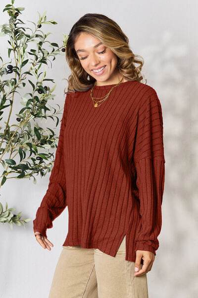 Basic Bae Full Size Ribbed Round Neck Slit Knit Top - Hovatok