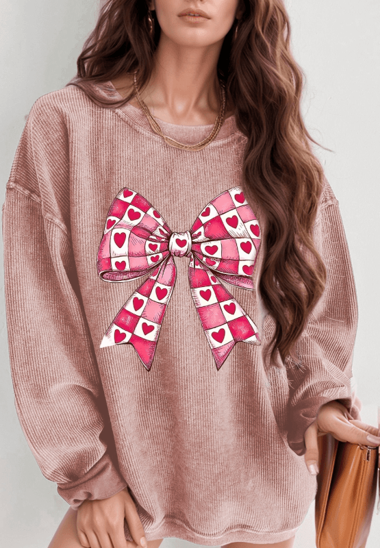 Valentine’s Day Bow Drop Shoulder Long Sleeve Sweatshirt - Hovatok
