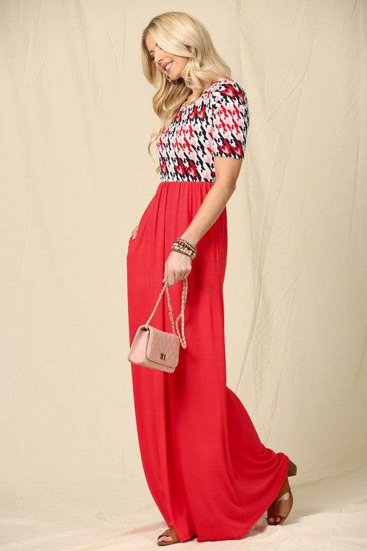 Celeste Full Size Houndstooth Round Neck Short Sleeve Maxi Dress Plus Size - Hovatok