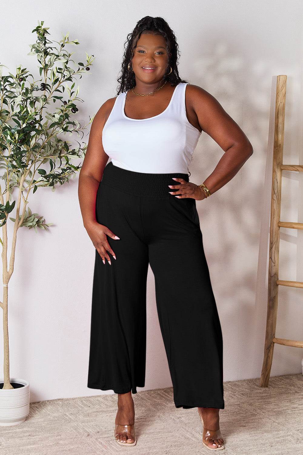 Basic Bae Full Size Smocked Wide Waistband Wide Leg Pants - Hovatok
