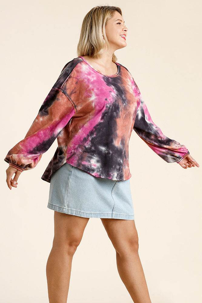 Umgee Full Size Tie Dye Round Neck Long Balloon Sleeve Top Plus Size - Hovatok