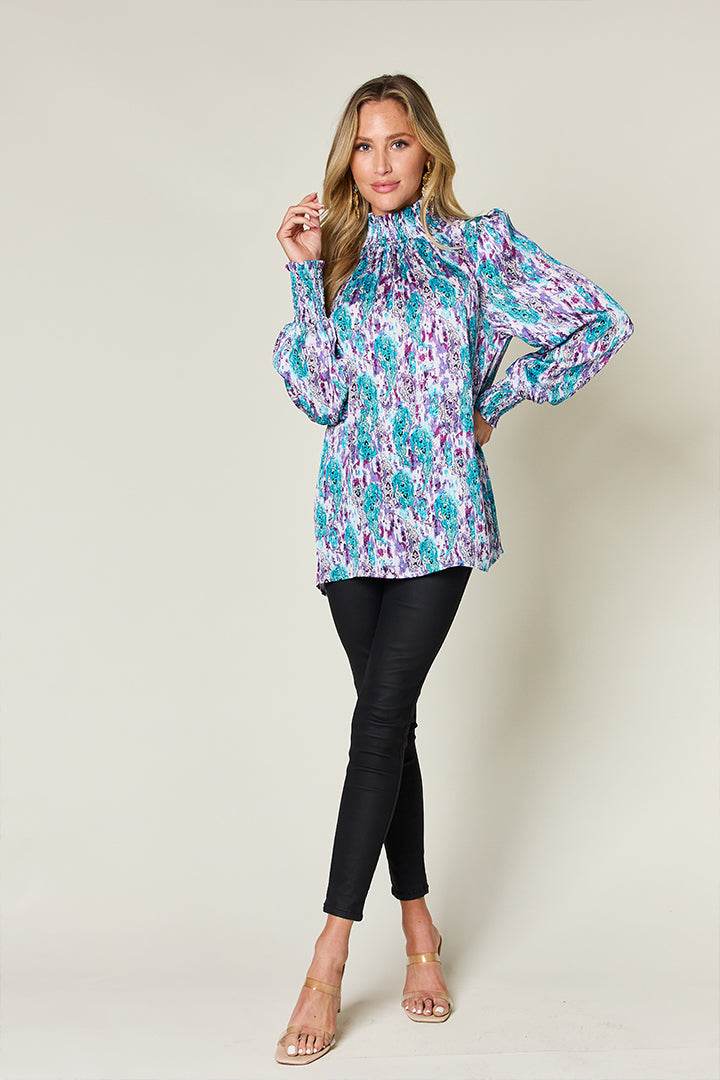 Double Take Full Size Printed Smocked Long Sleeve Blouse - Hovatok