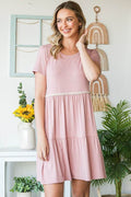 Heimish Full Size Solid Mini Tiered Dress with Pompom Lace Plus Size - Hovatok