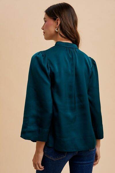 Annie Wear Satin Notched Three-Quarter Sleeve Blouse - Hovatok