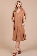 Ces Femme Side Slit Short Sleeve Midi Dress with Pockets - Hovatok