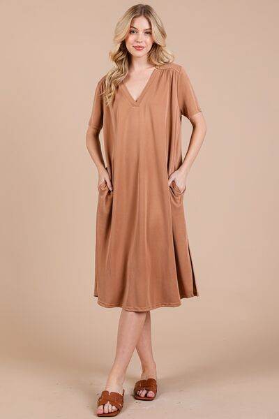 Ces Femme Side Slit Short Sleeve Midi Dress with Pockets - Hovatok