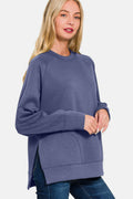 Zenana Scuba Round Neck Side Slit Sweatshirt - Hovatok