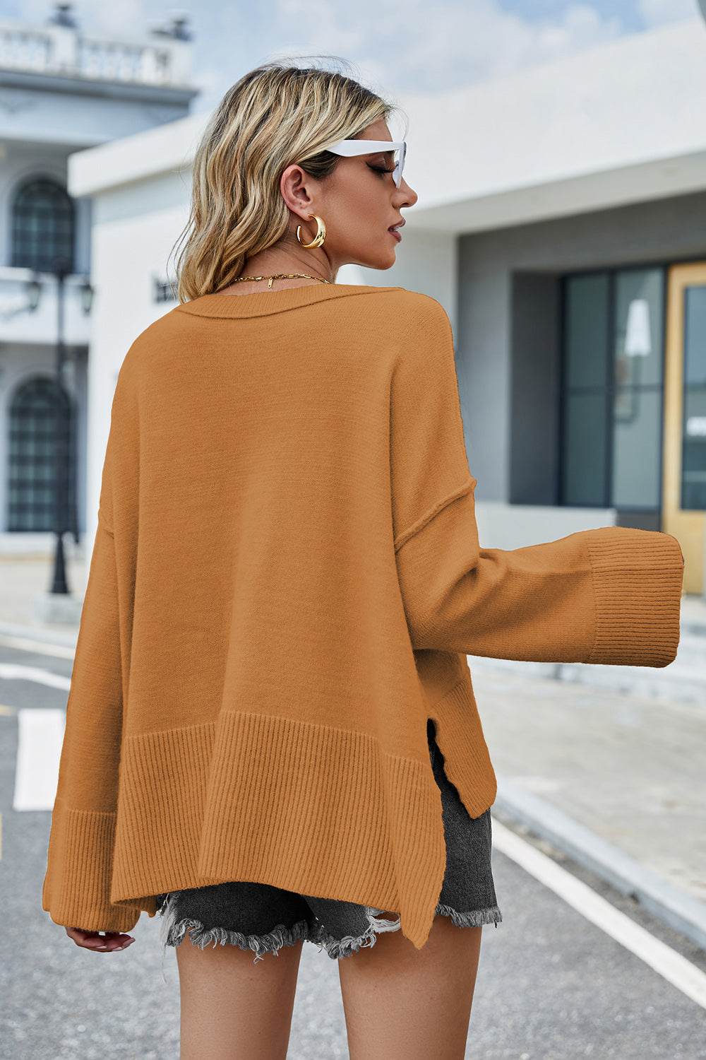 High-Low Slit Round Neck Long Sleeve Sweater - Hovatok