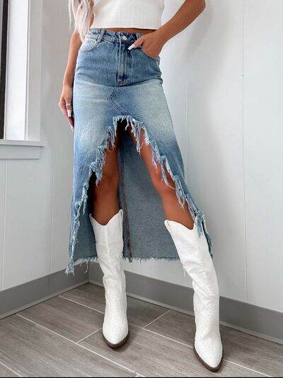 High-Waist Raw Hem Asymmetry Denim Skirt - Hovatok