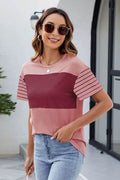 Color Block Round Neck Short Sleeve T-Shirt - Hovatok