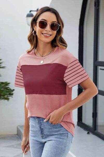 Color Block Round Neck Short Sleeve T-Shirt - Hovatok