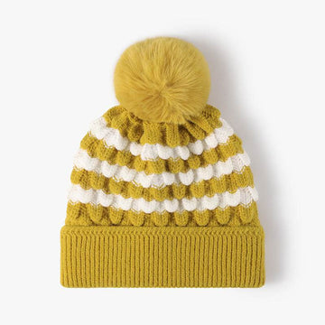 Striped Contrast Knit Hat with Pom-pom - Hovatok