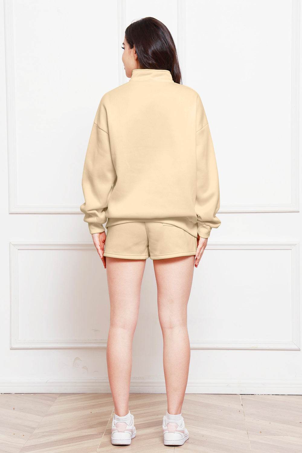 Half Zip Long Sleeve Sweatshirt and Drawstring Shorts Set - Hovatok