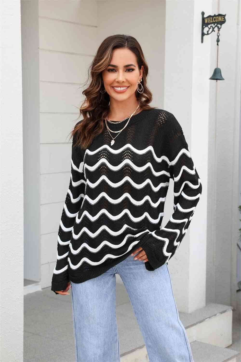 Angel Wings Wave Pattern Round Neck Long Sleeve Sweater - Hovatok
