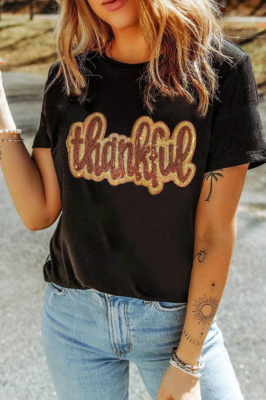 THANKFUL Sequin Round Neck Short Sleeve T-Shirt - Hovatok