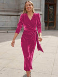 Surplice Puff Sleeve Midi Dress - Hovatok