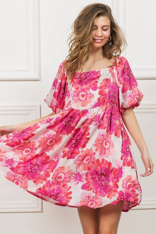 BiBi Floral Square Neck Puff Sleeve Mini Dress - Hovatok