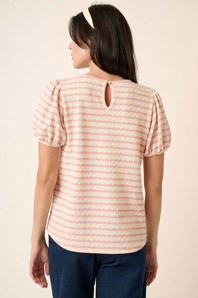 Mittoshop Contrast Striped Short Puff Sleeve Knit Top - Hovatok