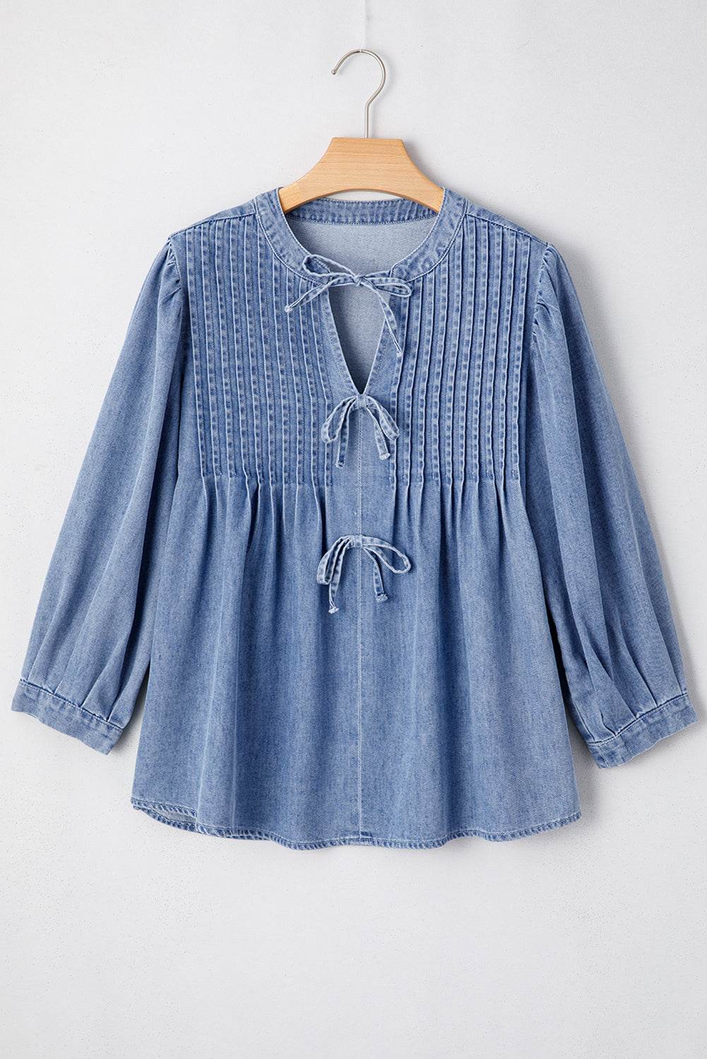 Bow Tie Long Sleeve Denim Top - Hovatok