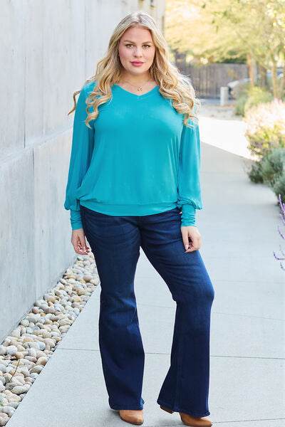 Basic Bae Full Size V-Neck Lantern Sleeve Top - Hovatok