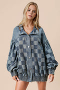 Double Take Checkered Button Up Denim Jacket - Hovatok