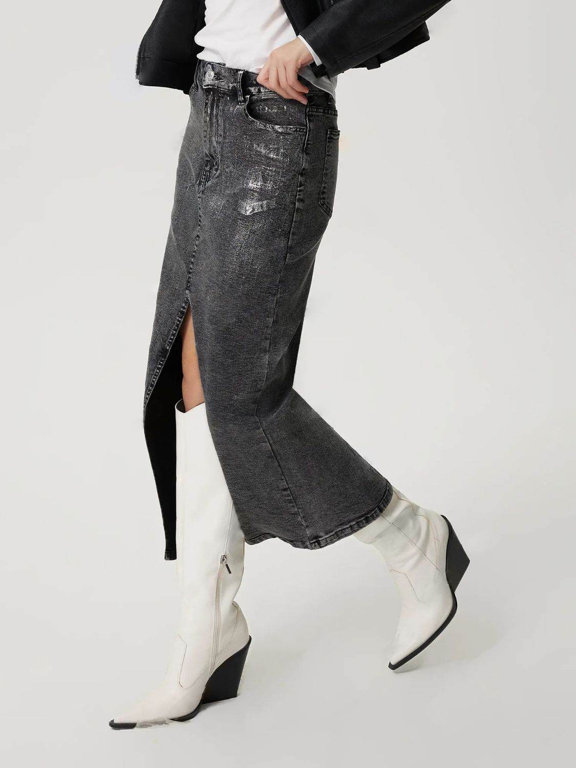 Slit Midi Denim Skirt with Pockets - Hovatok